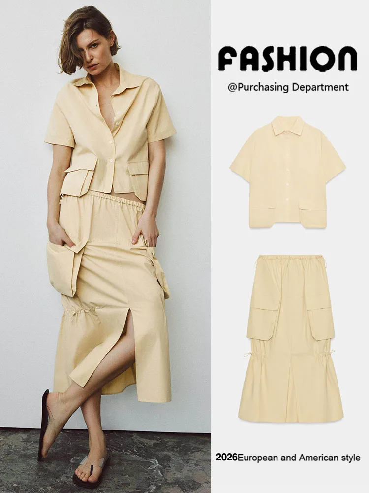 

New Summer Women's Short Sleeve Shirt Midi Skirt Set Elegant European Style Short Length Other Material 100% for Ladies