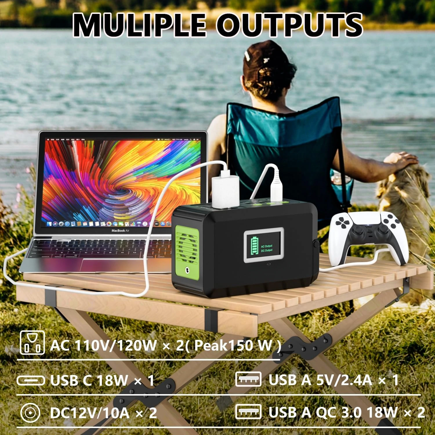 Portable Power Station, 88Wh Outdoor Solar Generator, Lithium Battery Power Bank with 110V/150W Peak AC Outlet