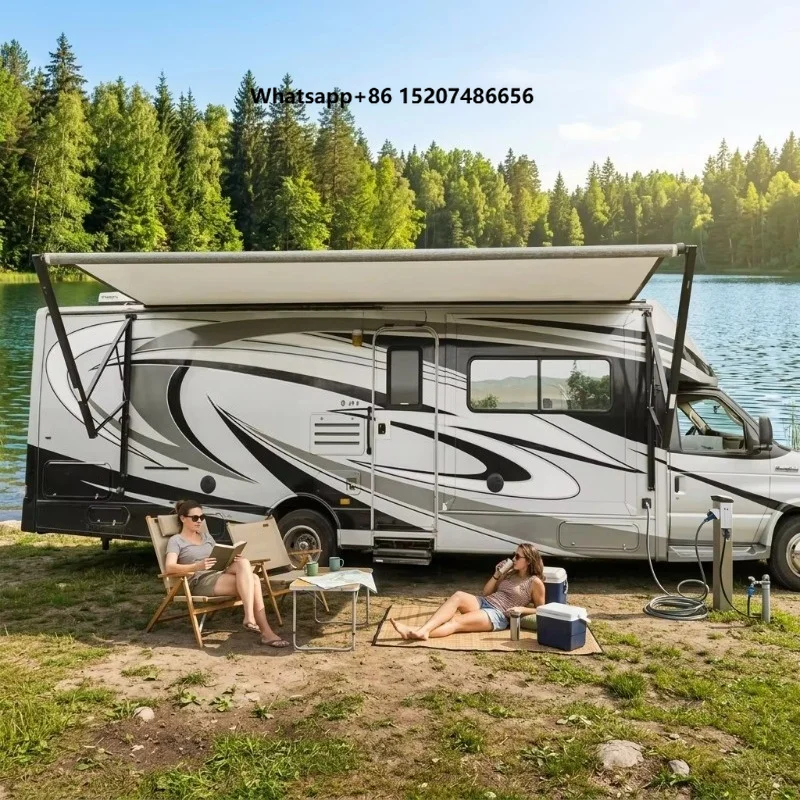 5700C Retractable Aluminum Alloy Motorized  Awning with 12V Motor Exterior Accessory for Bus  6M Black Roll Out Awning