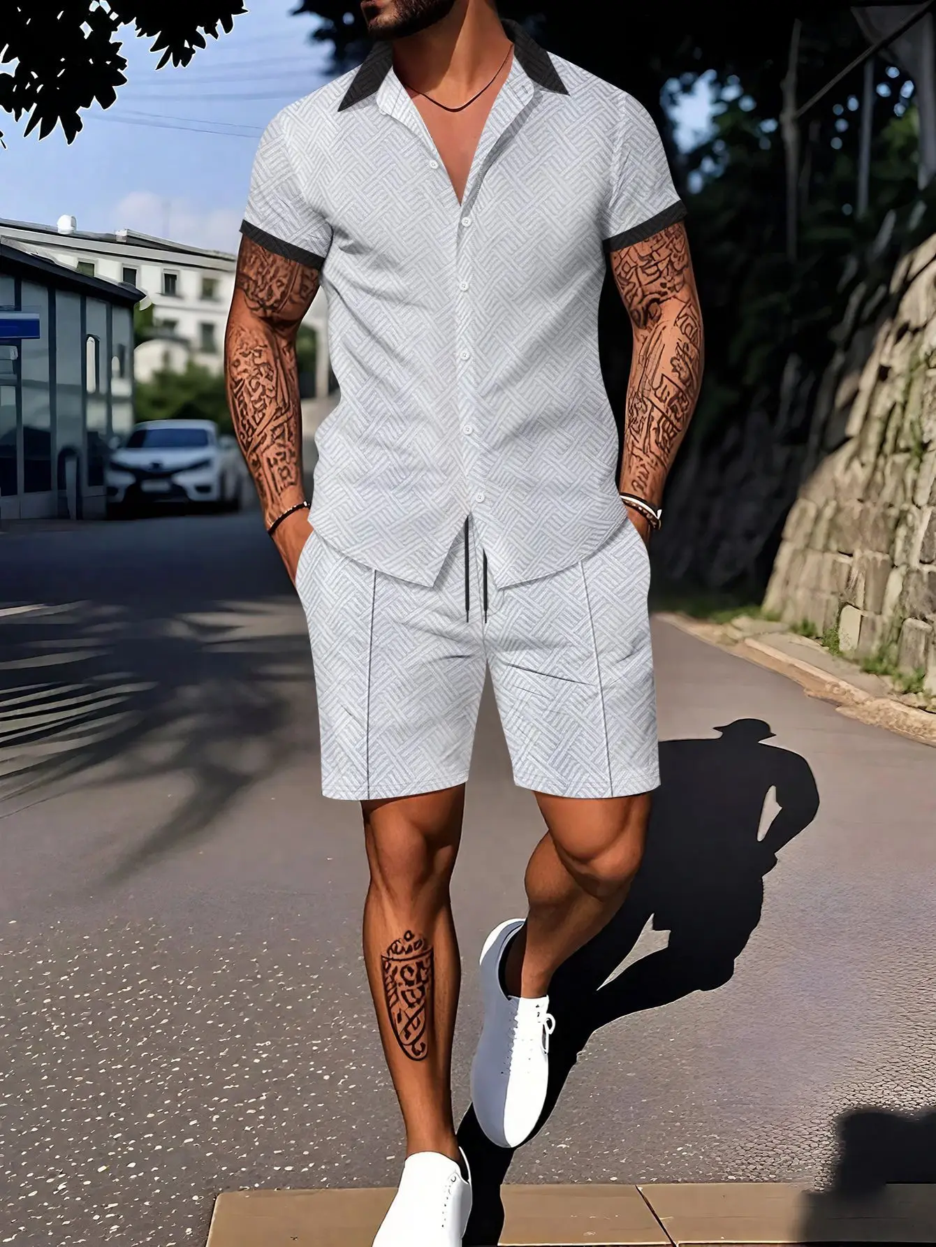 Men's Suit: Fashionable Printed Casual Solid-Color Cardigan, Lapel, Short-Sleeved Top, Pocket Drawstring, Light Shorts