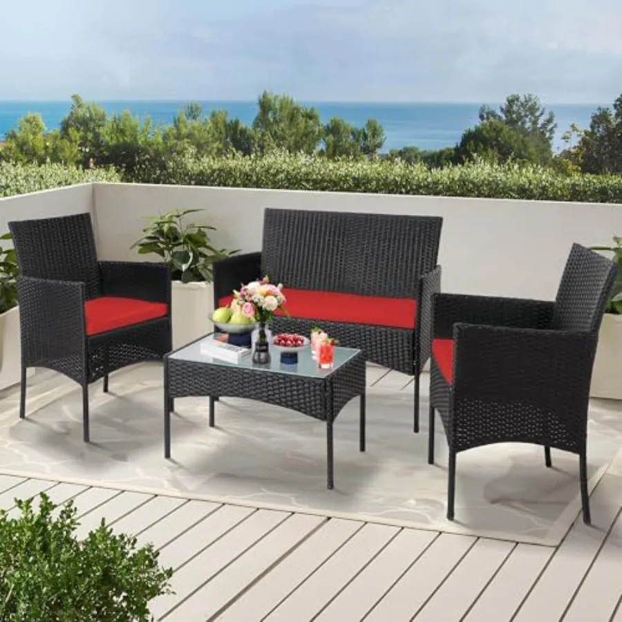 

4 Piece Outdoor Wicker Patio Conversation Furniture Set Rattan Chair Wicker Sofa Garden Conversation Sets with Cushion and Glas