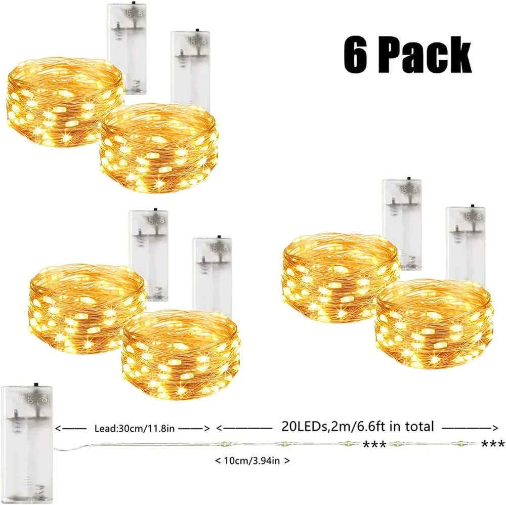 6 Pack Fairy Lights Battery Operated String 20LED Koperdraad Firefly Twinkle Verlichting Kerst Indoor Waterdicht Voor Halloween