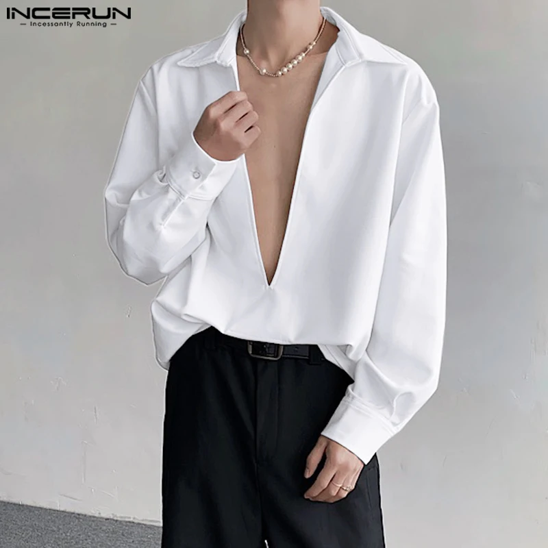 

INCERUN Men Shirt Solid Color V Neck Long Sleeve Casual Men Clothing Streetwear 2024 Loose Korean Style Leisure Shirts S-5XL