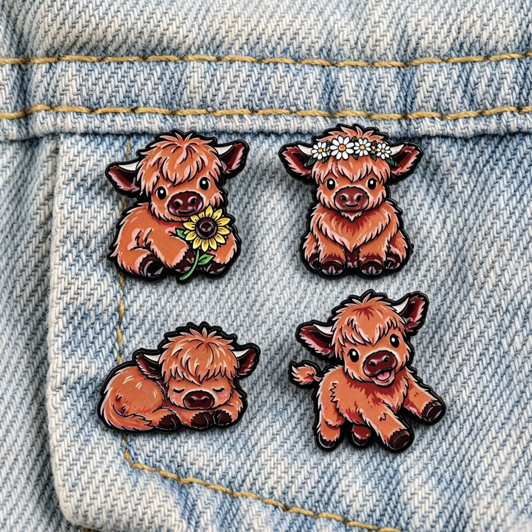Cute Highland Cow Enamel Pins Cartoon Cow Sunflower Daisy Flower Lapel Brooches Denim Jacket Backpack Farm Animal Jewelry Gift