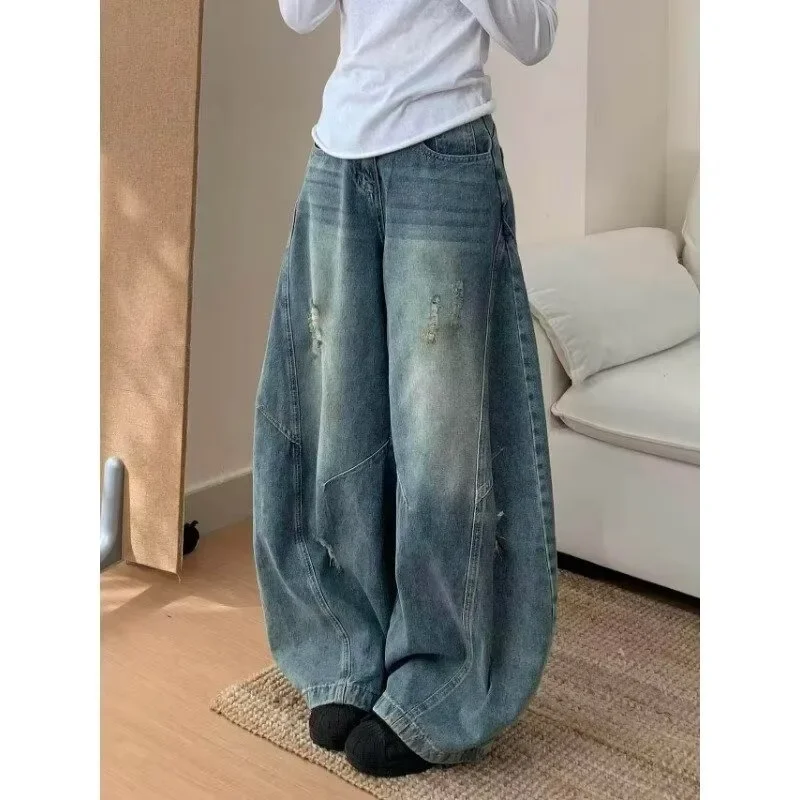 Vintage Blue High Waist Ripped Wide Leg Women Jeans Pants Loose Stylish Slimming Sweeping Trousers