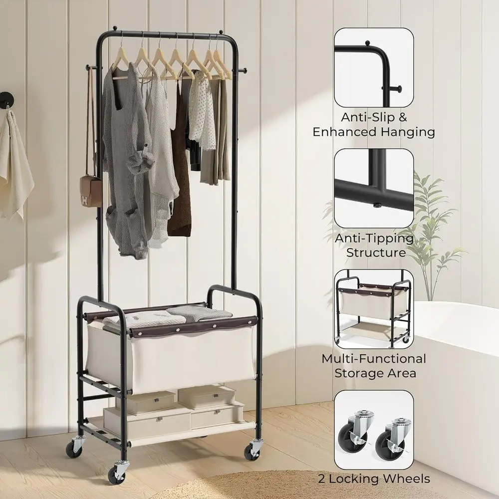 عربة غسيل دوارة باللون البيج مع قضيب تعليق وسلة تخزين للفرز #4