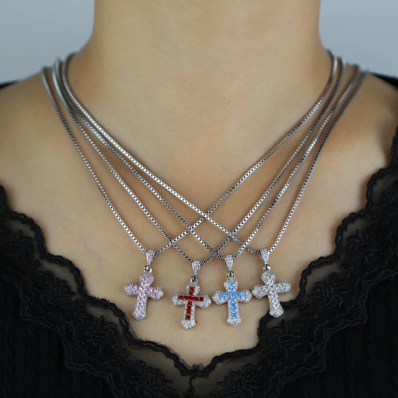 2025 Pink Red White Purple Blue 5 Color Cute Mini Small Colorful CZ Cross Pendant Necklace Hip Hop Men Women Fashion Jewelry