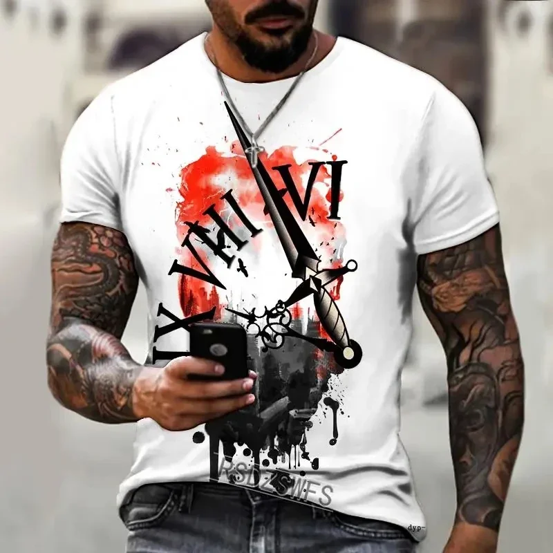 Sommer Herren Kurzarm 3D-Druck Muster Retro Kompass Street Cool Trendiges T-Shirt Rundhals-Design Modische Oberteile