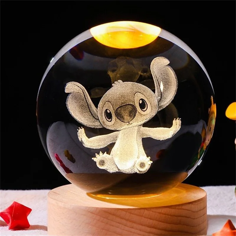Stitch 6cm 3D Crystal Ball Lilo and Stitch Cartoon Crystal Planet Night Light Laser Carving Desk Decoration Children\'s Gifts