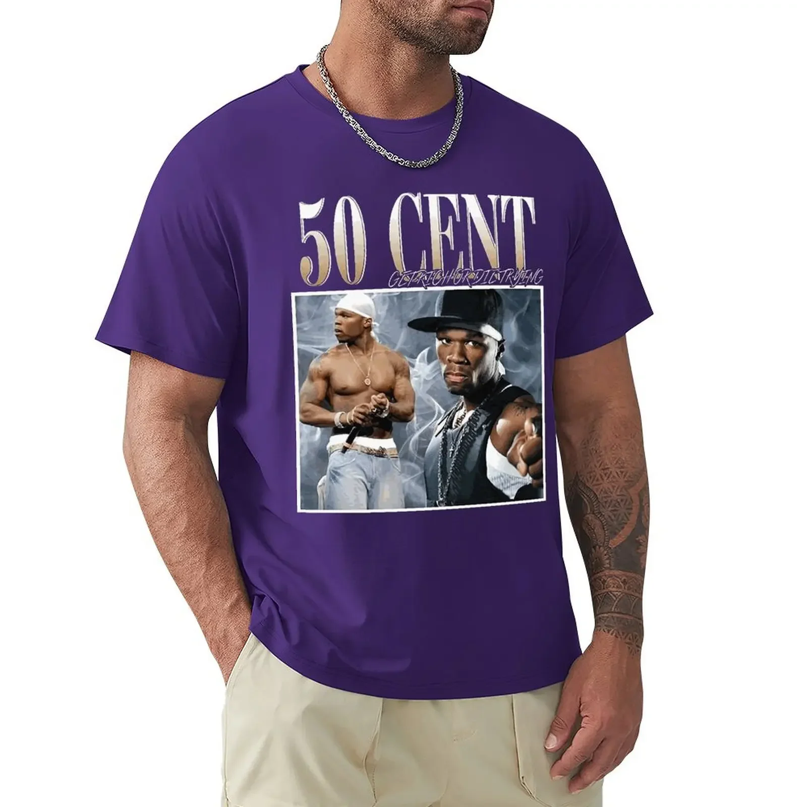 تي شيرت كلاسيكي بأكمام قصيرة 50 في المائة للرجال ، قمم رسومات قطنية ، هاراجوكو