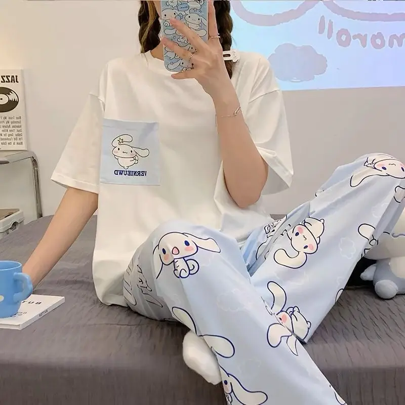

Уютная одежда для сна Sanrio Cinnamoroll Pochacco, женская одежда для сна из чистого хлопка, летние брюки с короткими рукавами, летний тонкий милый домашний костюм, комплект