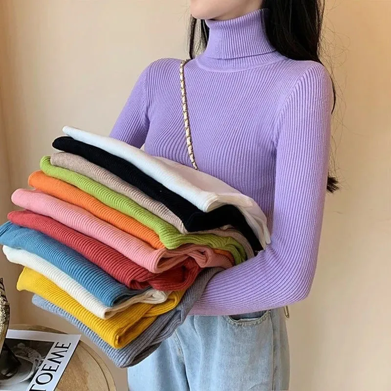 Purple Turtleneck Sweater Women Elegant Korean Slim Long Sleeve Knitted Pullover Fashion Simple Solid Casual Office Lady Jumpers