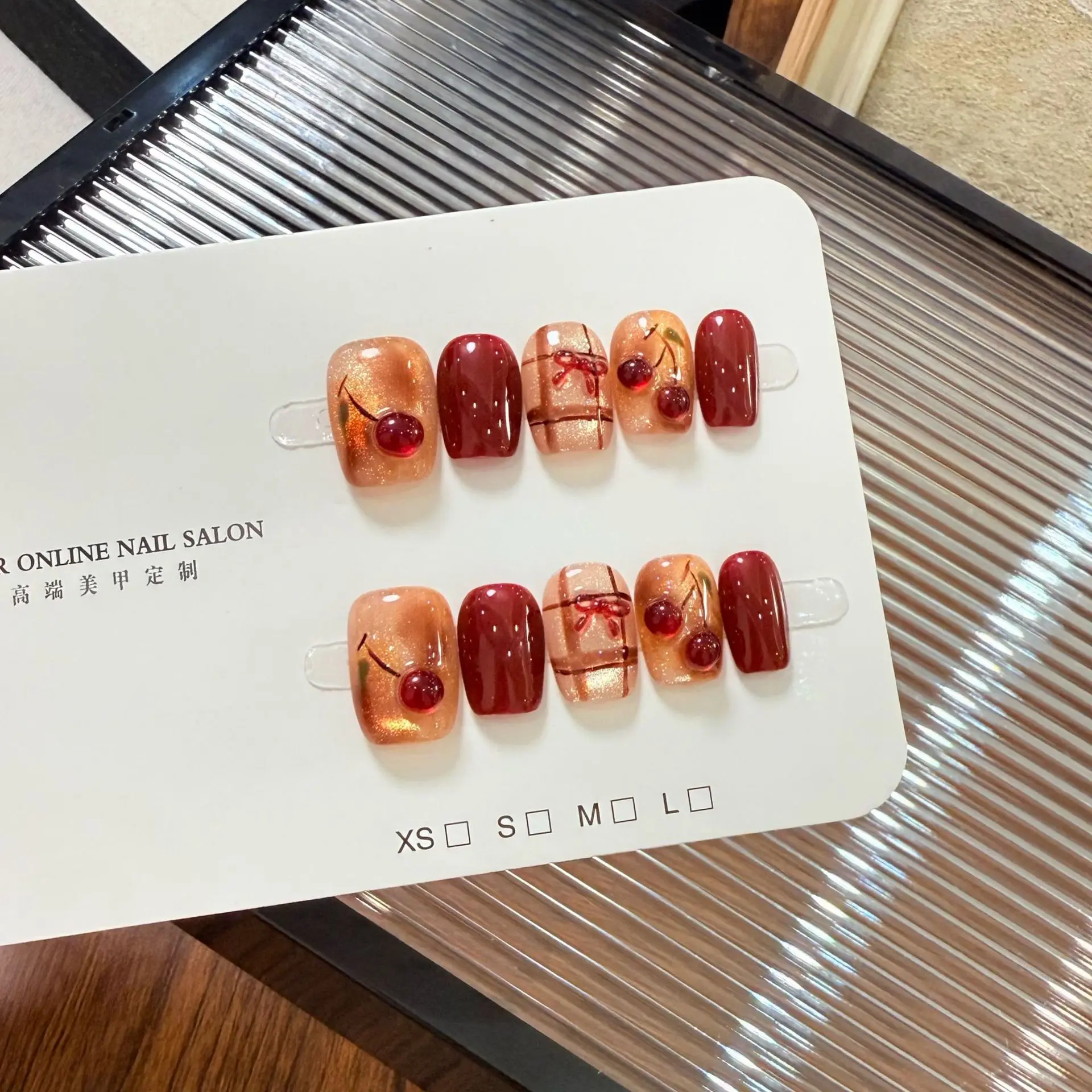 10 Uds. De uñas postizas hechas a mano con forma de ojo de gato y cereza 3D, color ámbar, cobertura completa para mujeres y niñas, uñas postizas usables extraíbles