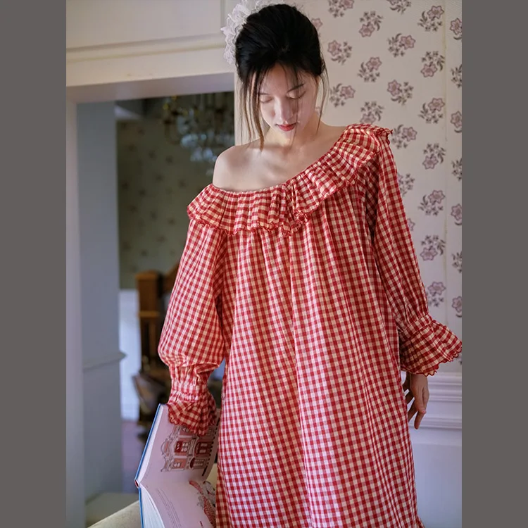 

Ночная сорочка оверсайз из 100% хлопка в английском ретро-стиле, красная клетчатая, свободного кроя, для дома, женская, с длинным рукавом, халат