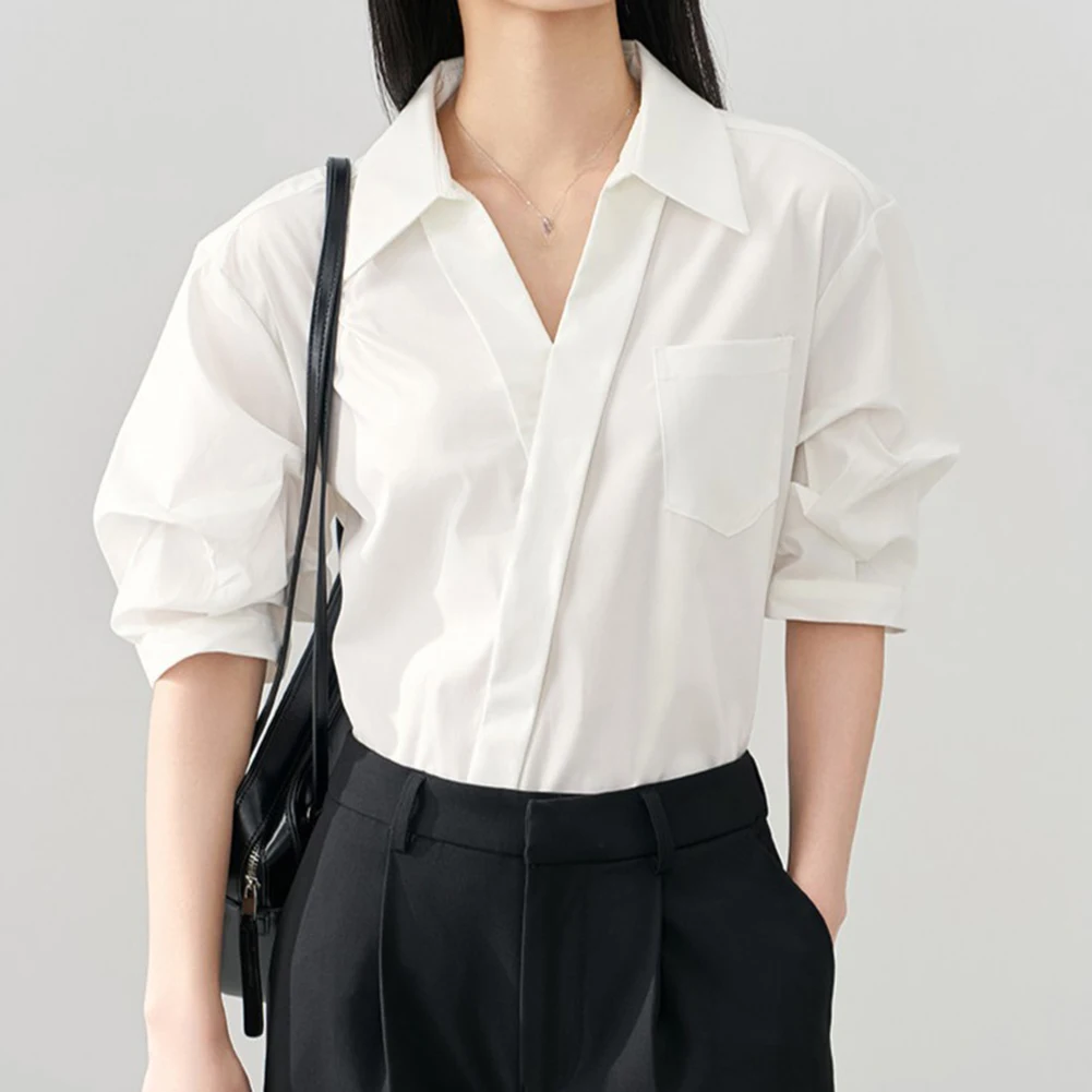 Women Loose V-Neck Shirt Solid Five-Quarter Sleeve Pullover Tops Blouses Workplace Commuting Formal Attire  Professional Suit
