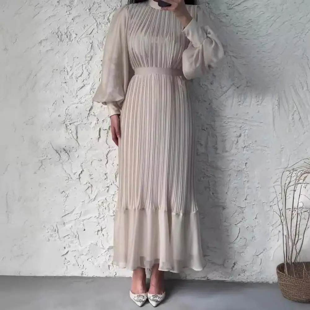 Women Long Sleeve Dress Elegant Pleated A-line Maxi Dress with Lantern Sleeves Mesh Detailing Women's Evening Gown for Tight