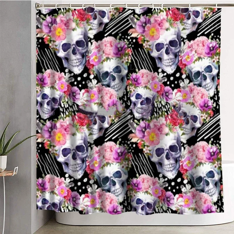 Halloween Skull Scary With Black Background Seamless Pattern Mexican Cute Bones Design Shower Curtain By Ho Me Lili