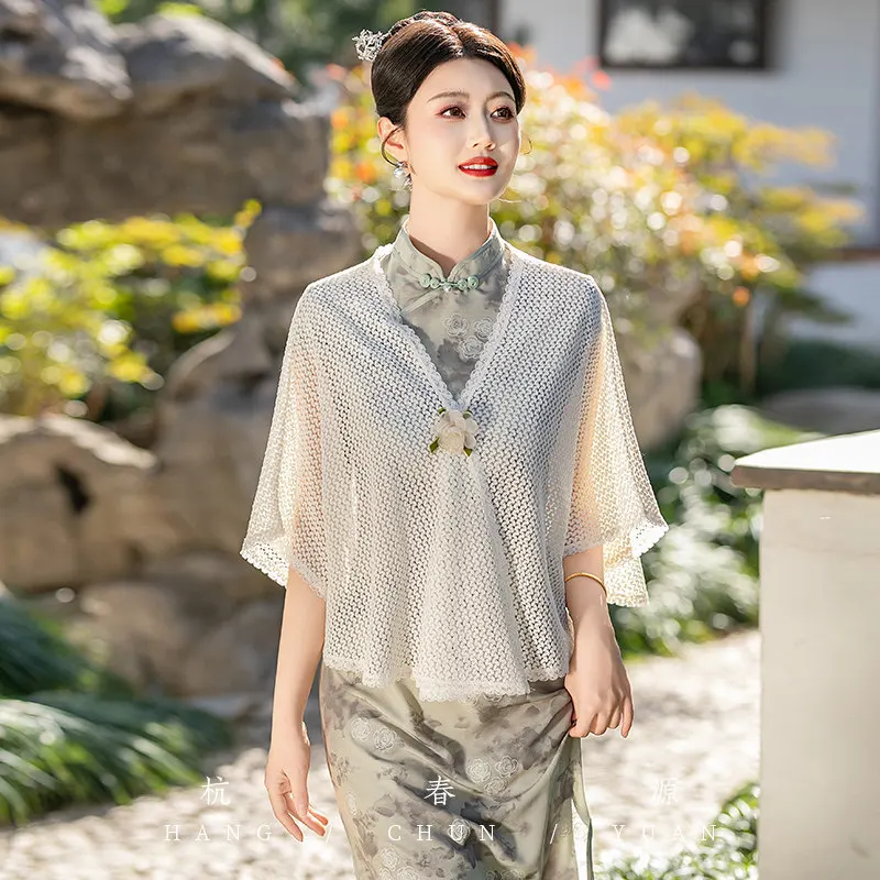 

Artistic Style Cheongsam Paired Hollowed out Shawl Versatile Summer Thin Cardigan Skirt Daily Camisole Draped Shawl for Women