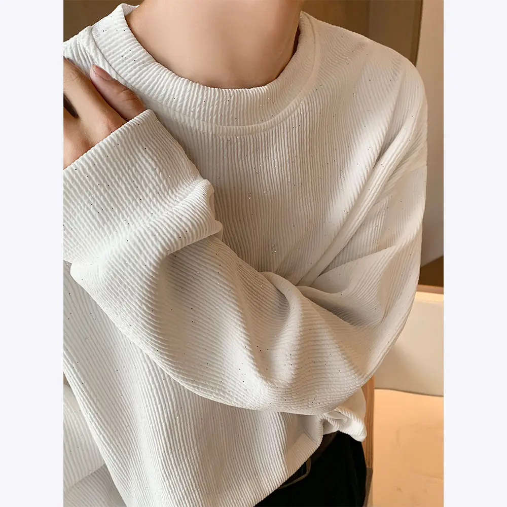 Spring Men O Neck Long Sleeve Sweatshirts Shiny Fashion All-match Casual Loose Inside Tops Tee Black White Stage Dance Costume