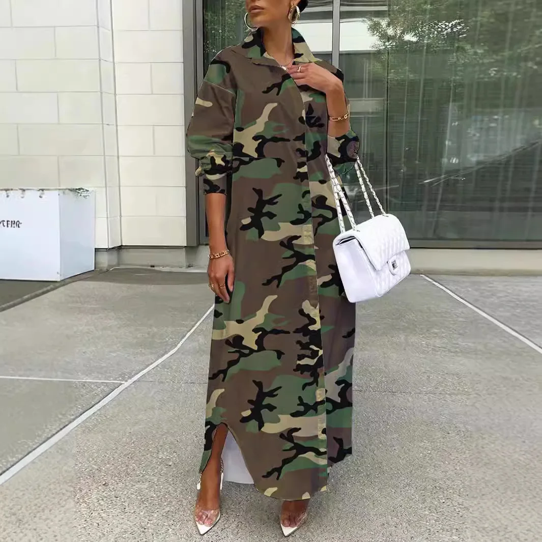 

Camouflage Printed Women Long Maxi Shirts Long Sleeve Button Up Cardigans 2024 Autumn New Streetwear Casual Workout Cargo Dress