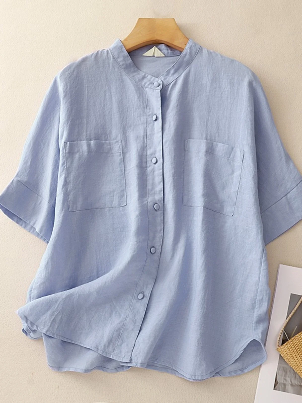 

Ladies Linen irt Summer Thin Loose Casual Artistic Japanese Sle Simple Stand Collar Cotton Linen Top Button ket Design