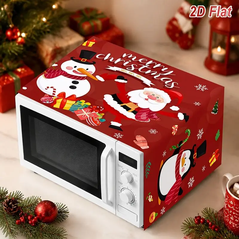 VIKAMA Santa Snowman Penguin Xmas Microwave Cover Snowflake Print Dustproof Oil Resistant Kitchen Countertop Holiday Home Deco