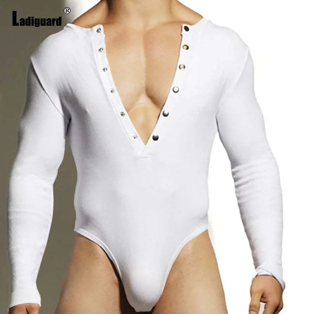 2024 America and Europea Sexy Short Bodysuits Mens Vintage Long Sleeves Thong Onesie Jumpsuits Solid White Button Up Overalls