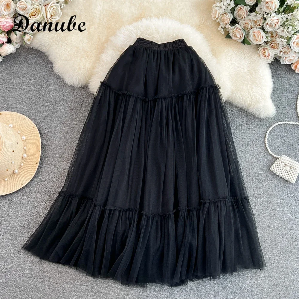 Vintage Tutu Tulle Pleated Long Skirt Women Spring Summer Elegant Design Luxury High Waist Mesh A-line Party Skirt Faldas Saias