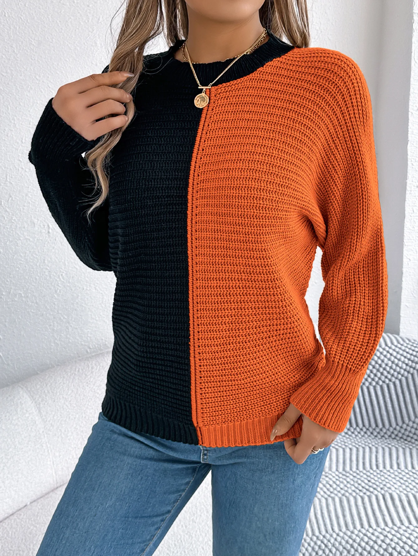 Women's New Winter Color-Block Round Neck Long Sleeve Pullover Sweater