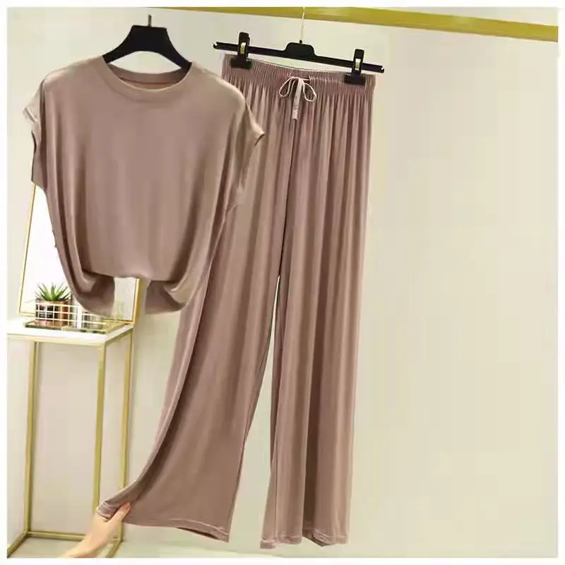 Modal Loose Homewear set O-neck Tshirts short sleeves and Wide leg pants Casual streetwear suit all match