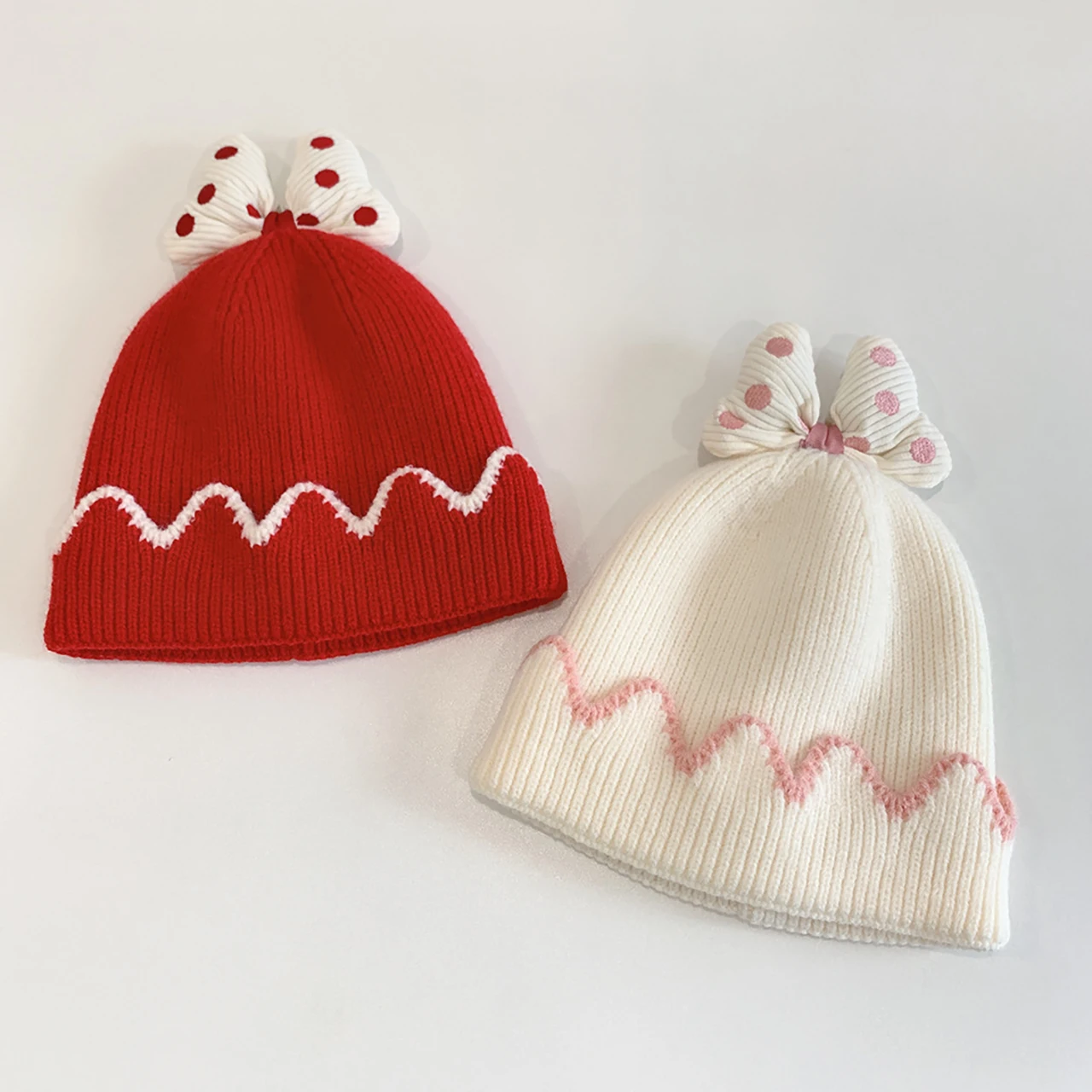 

Thick Warm Girl Beanie Polka Dot Bow Baby Knitted Hat Princess Kids Ear Protection Cap 6-36Month Children Woolen Pullover Caps