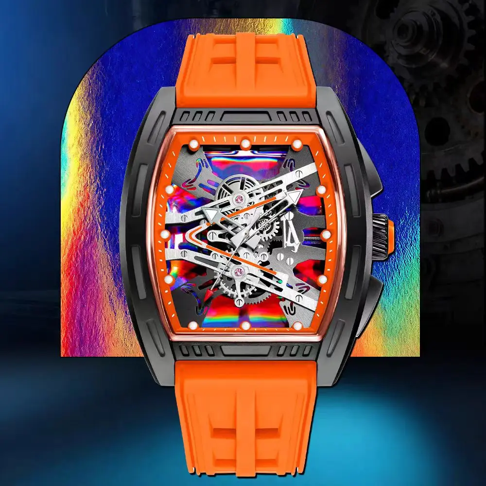 3-Piece Set of Two-Tone Barrel-Shaped Men's Skeleton Watches + 1 Bracelet, Casual Business Silicone Strap Wristwatch, Trendy Mechanical Style Sports Men's Watch