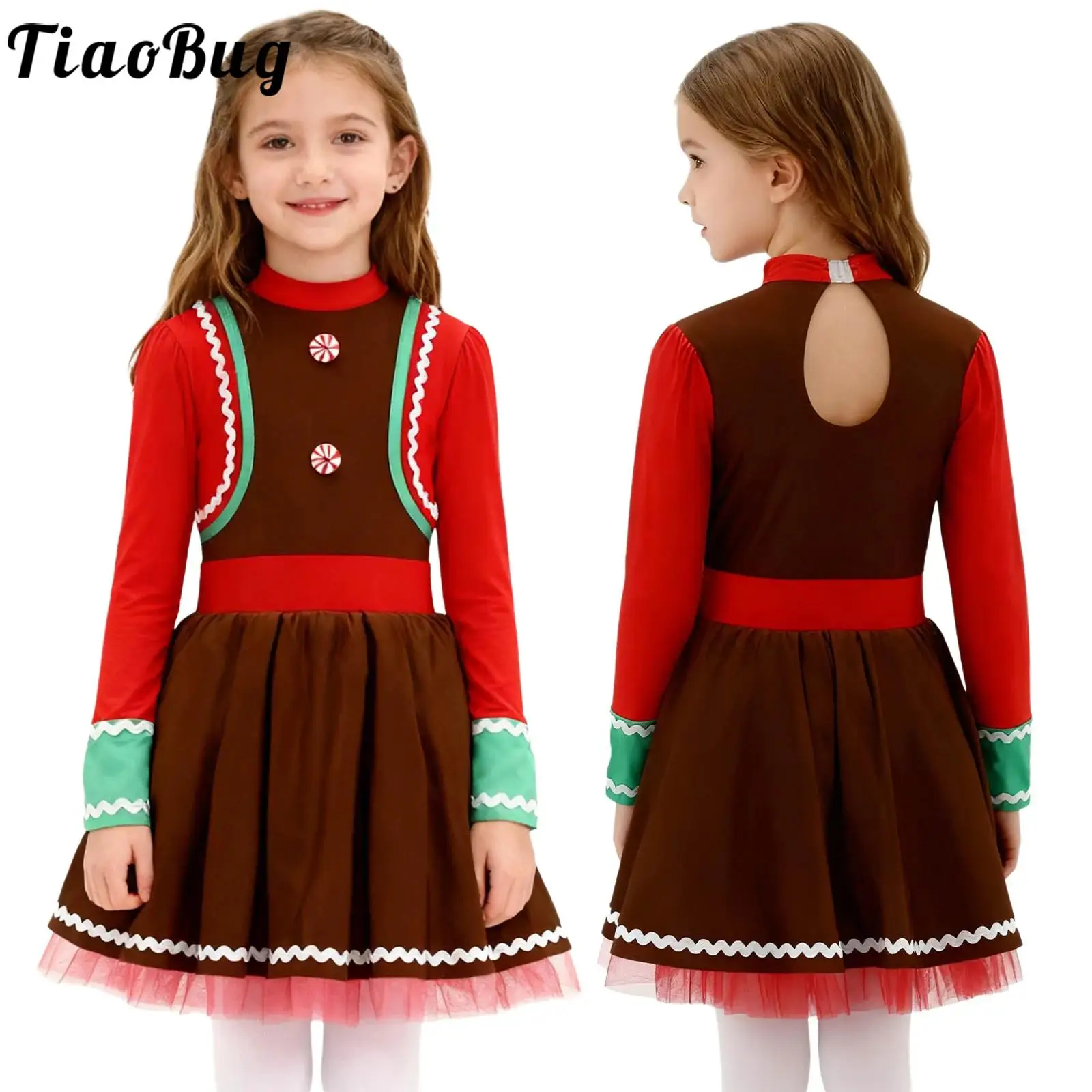 

Girls Gingerbread Man Christmas Costumes Elf Christmas Leotards Skating Long Sleeve Color Block Tutu Dress with Built-In Briefs