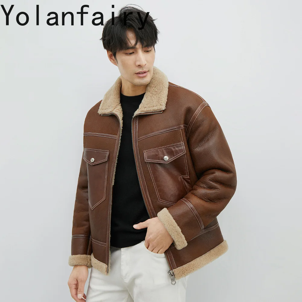 YOLANFAIRY jaket kulit asli pria, jaket kulit domba asli, jaket musim dingin, jaket kulit Vintage, jaket bulu pria, 2024