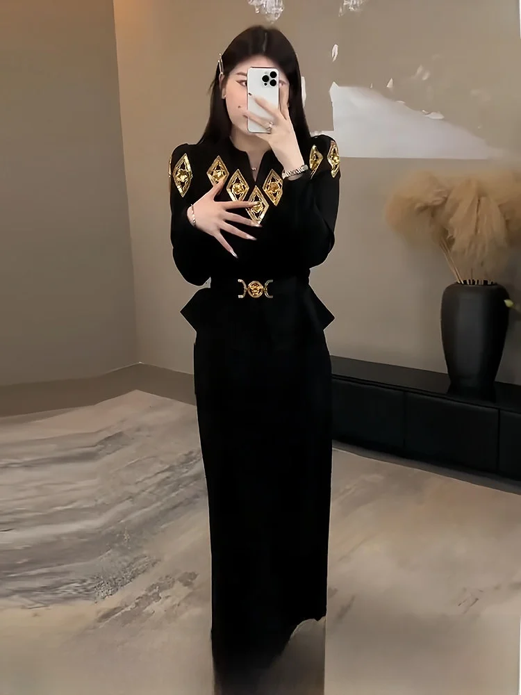 

Elegant Black Long Sleeve Women's plus Size Knitted Inner Wear for Winter New Year's Outfit High Waist Slim Fit Luxury Style