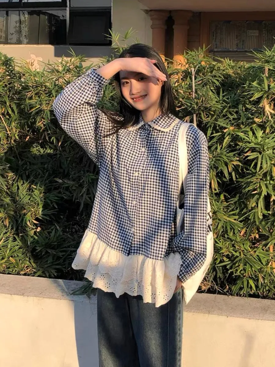 Doce coreano sle plissado xadrez solto gola de boneca feminino irt camadas topo idade-defng longo sve fibra de poliéster