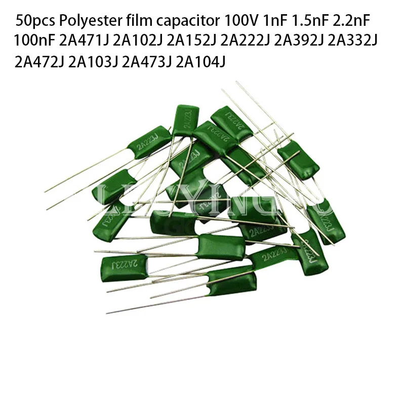 50 pz 100 V condensatore a film di poliestere 330PF 680PF 1nF 10nF 100nF 2A471 2A102 2A182 2A222 2A272 2A332 2A472 2A103 2A474 2A104