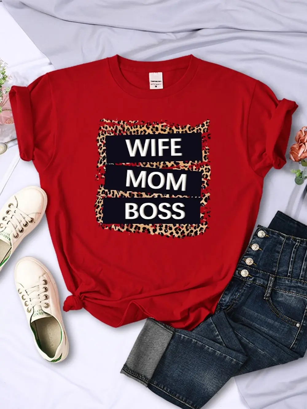 Straße Frau T-Shirts Frau Mama Boss Brief Leopard Drucke T-shirts Weiche Atmungsaktive Oansatz Kurzarm Sommer Casual Weibliche Kleidung – Detail 8