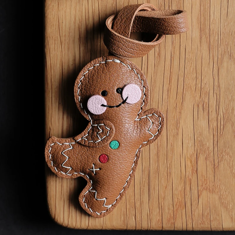 Handmade Leather Gingerbread Man KeyChain Cute Christmas KeyRing Bag Charm Christmas Ornament