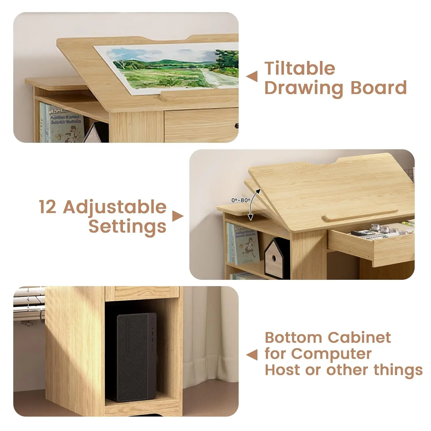 Drafting Table with Storage Cabinet & Drawers, Adjustable Drawing Desk with Open Shelves, Craft Table Painting Desk, Customized - view 3