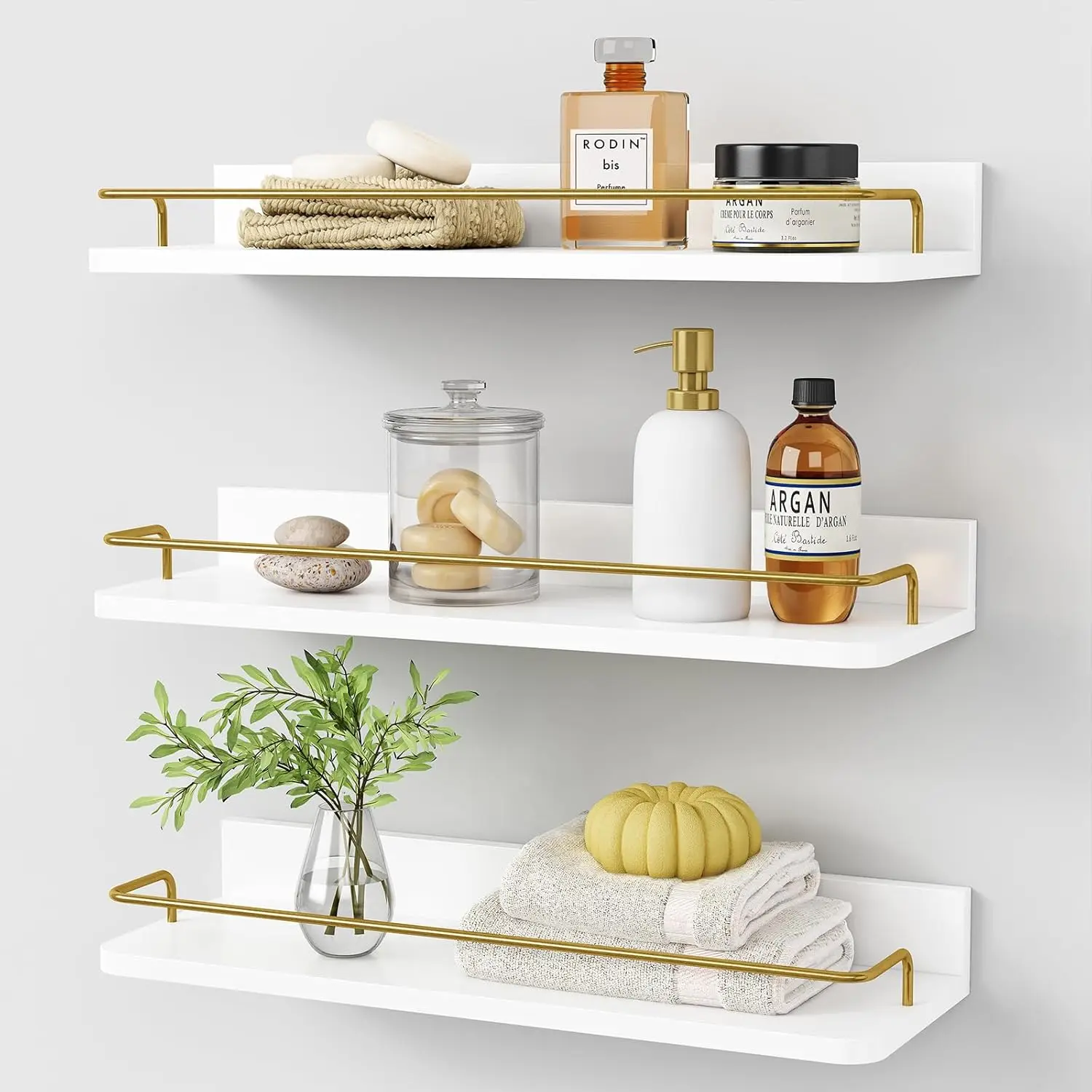 

Gold Floating Shelves Set of 3, Modern Wall Shelf with Guard Rail for Bathroom, Living Room, Bedroom Storage - White and Gold
