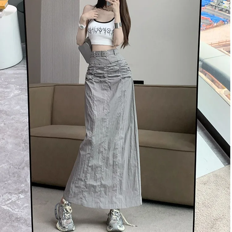 

Women's Grey Skirt with Slit Harajuku Y2k 2000s Vintage Skirts 90s Fashion Streetwear Korean A-Line Long Skirt Clothes 2024