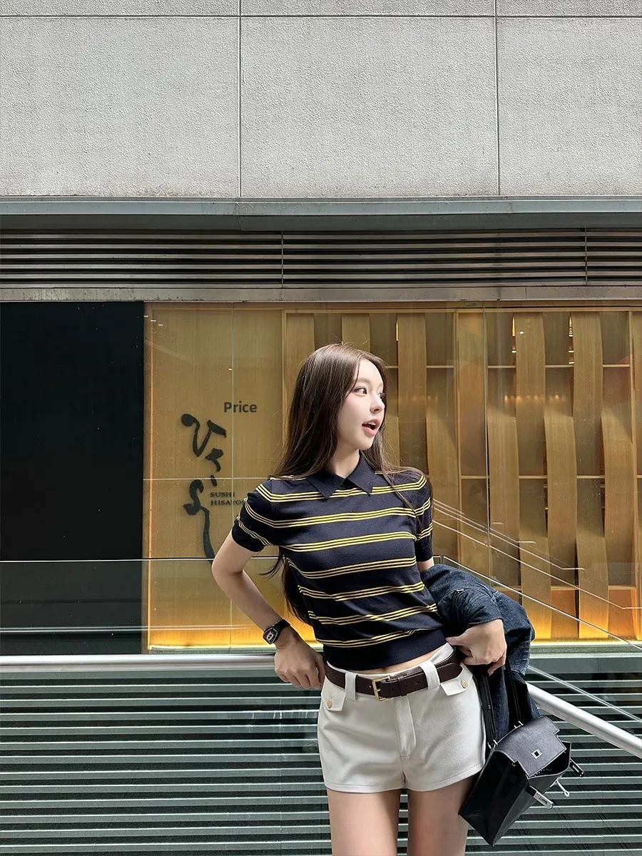 

Good Morning Fan Fan Silk Viscose Stripe Knitted ort Sve Ne T-irt Women's Spring Summer High nce Anti-...