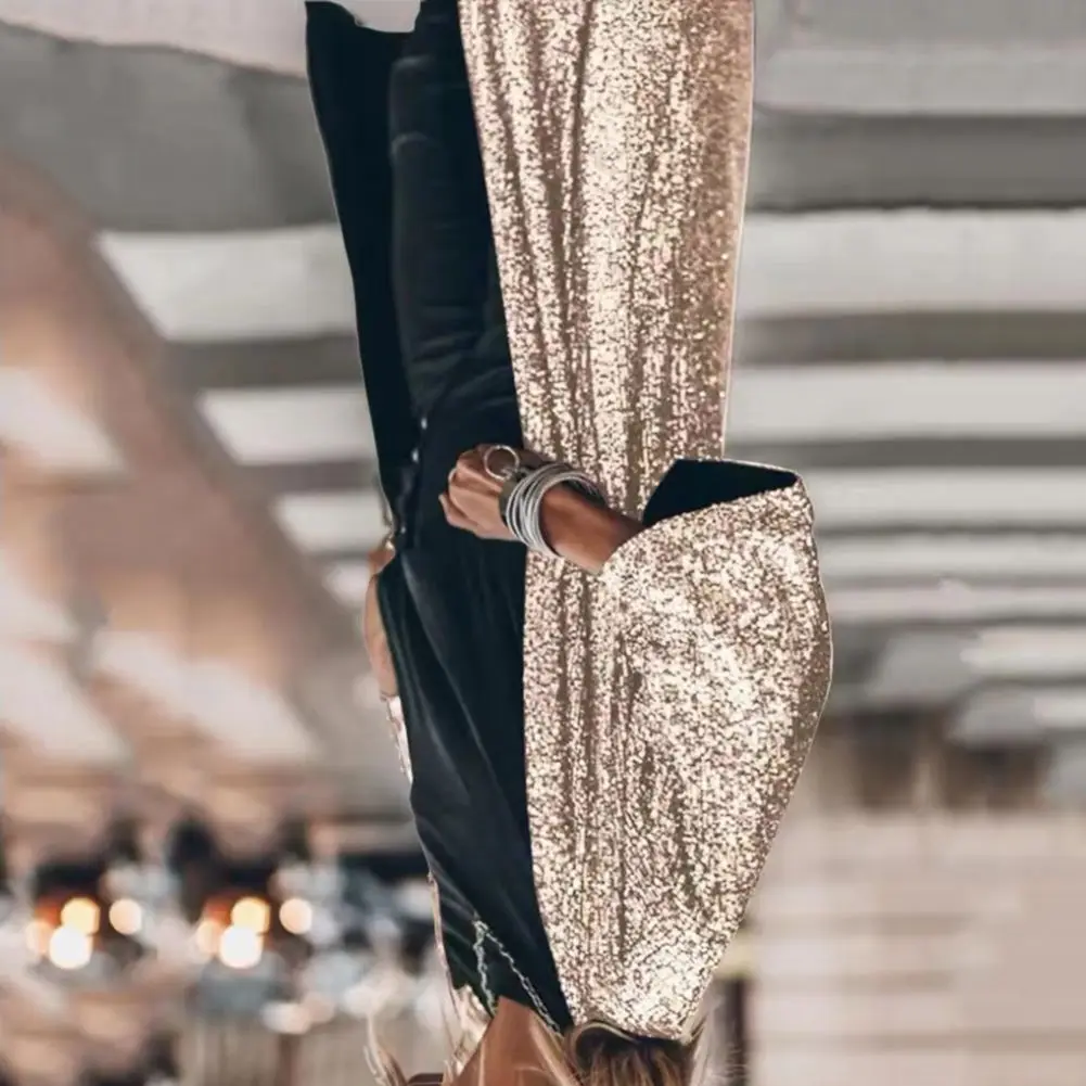 3/4 Sleeve Open Stitch Loose Fit Cardigan Coat Women Shiny Sequins Mid-length Cape Jacket Streetwear