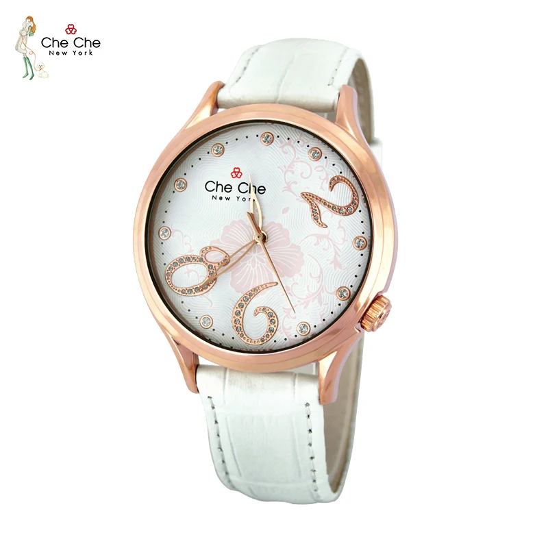 CheChe woman watch Genuine Leather Strap Crocodile Pattern Big Number Rhinestone Ladies Watch with Gift Box CC011 montre femme