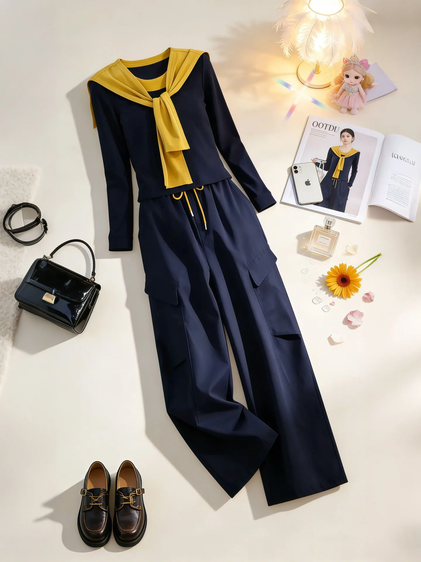 

Korean Commuter Style Long Sleeve Color Block Two-Piece Set Casual Pants Fashionable Spring Autumn Women's Clothing Set