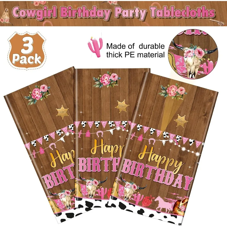 3개 세트 카우걸 생일 테이블보 서부 플라스틱 테이블 커버 일회용 직사각형 핑크 카우 테이블보 와일드 웨스트 서부용