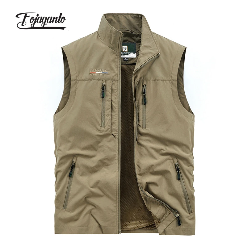 

FOJAGANTO New Men's Leisure Vest Solid Color Tooling Style Waistcoat Thin Fishing Hiking Multi-Pocket Casual Loose Vest for Men