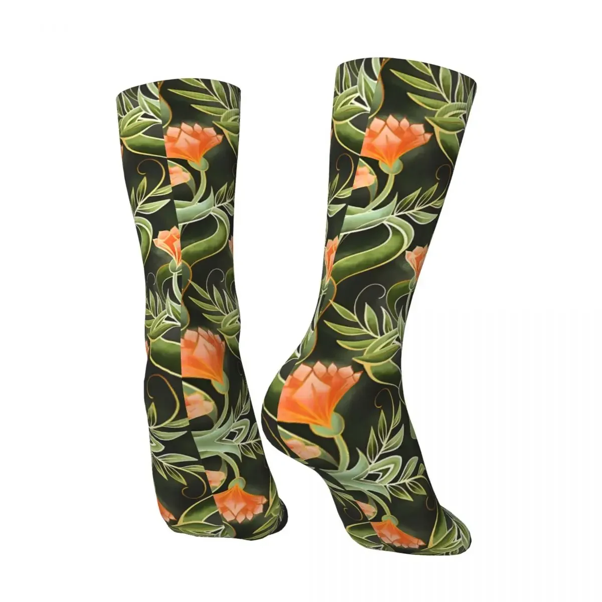 Stylized Art Deco Floral In Olive And Peach Men's Socks Retro Harajuku Street Style Novelty Pattern Crew Sock