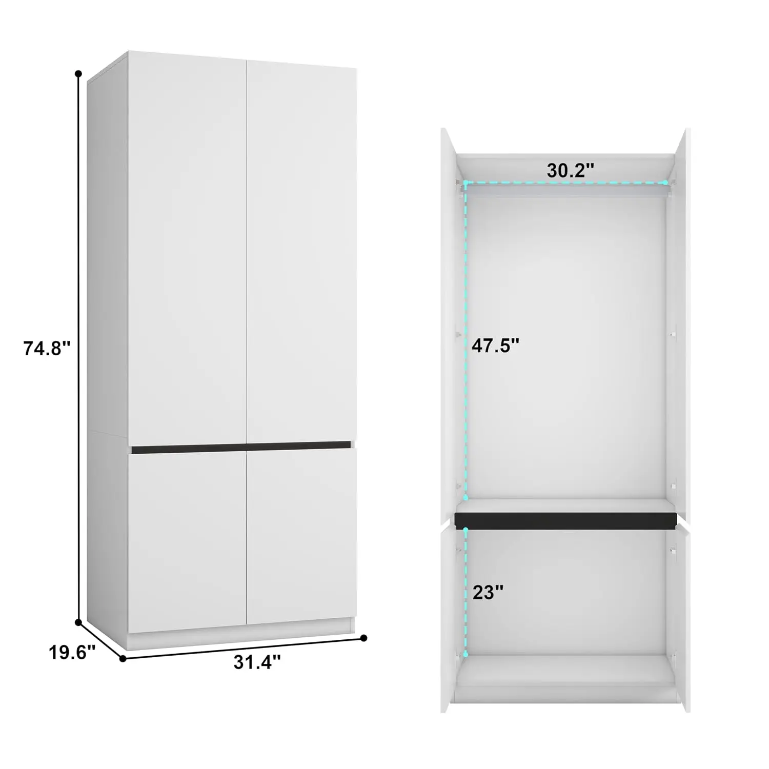 White Wardrobe Closet with 2 Doors 75"H x 31.5"W Bedroom Cabinet for Clothes Wooden with Hanging Rod & Shelves, Customized view 2